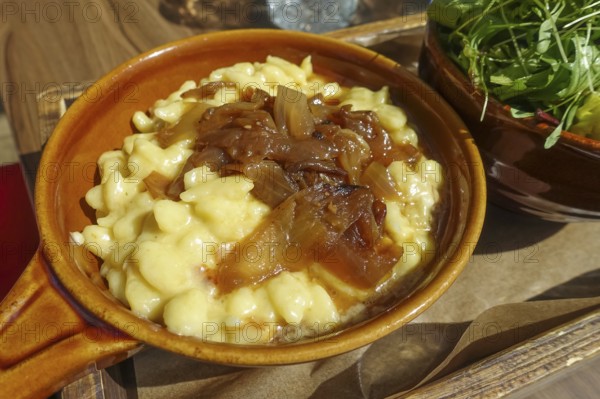 Swabian cuisine, Kässpätzle with braised onions, pasta, typical Swabian, hearty home cooking,