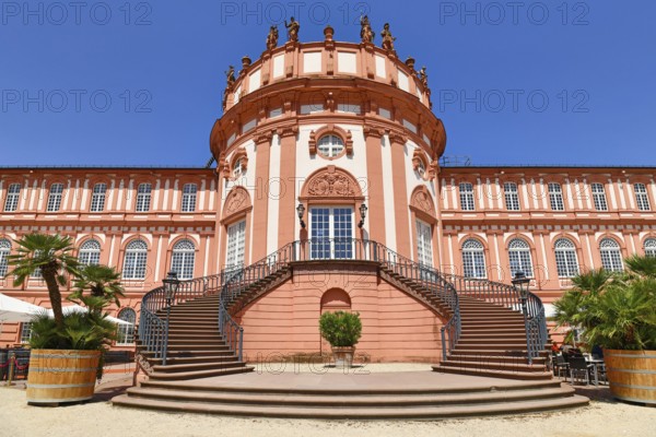 Wiesbaden, Germany, July 2021: Main entrance with stairs of baroque palace called 'Schloss