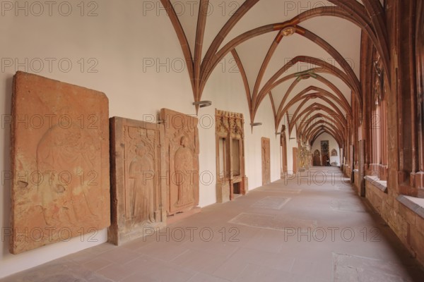 Gothic cloister with cross vault and tomb slabs in Mainz Cathedral, St Martin's Cathedral, built in