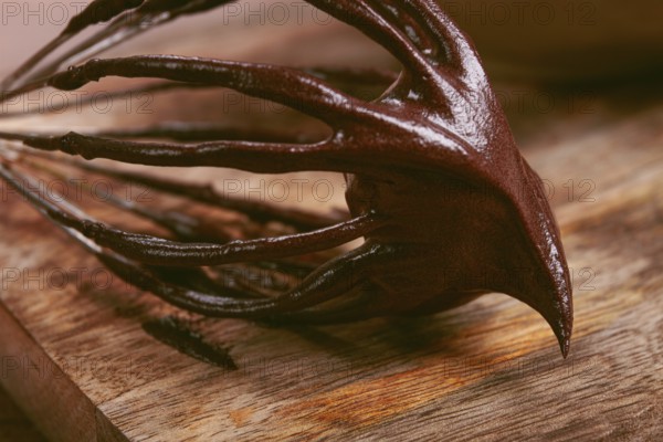 Metal whisk, close-up with chocolate dough, baking, structure and consistency, homemade, top view,