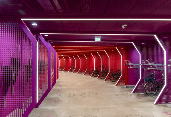 Underground car park for bicycles, redesigned Potsdamer Platz station, Sony Center, Berlin,