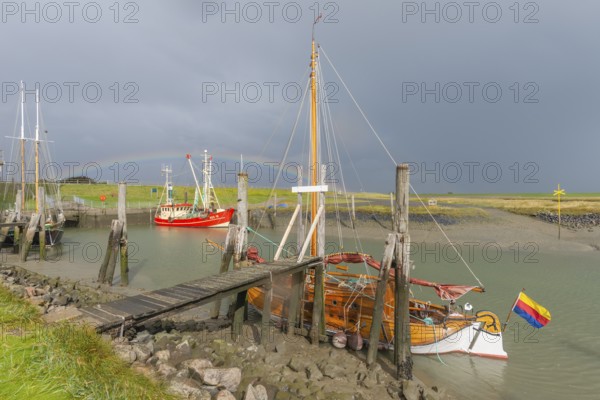 Traditional sailing ships and fishing boats in the harbour, Süderhafen, rainbow, dike foreland,