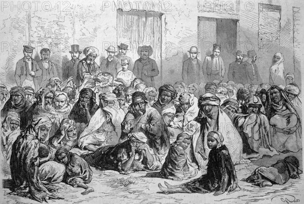The inhabitants of Setif distributing food to Arab woman and children, 1869, Algeria, Historic,