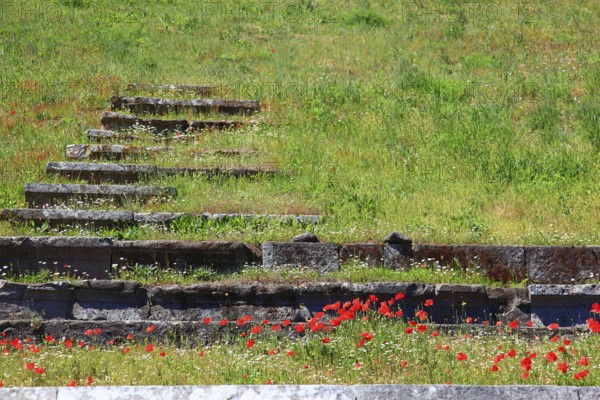Remains of the audience tiers, steps, The Theatre, Pompeii, ancient city in Campania on the Gulf of
