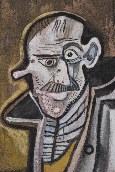 Political mural, old man, portrait, cubism, Orgòsolo, Province of Nuoro, Sardinia, Italy, Europe