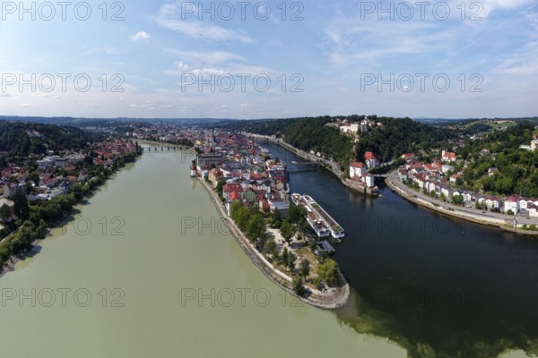 Left Inn city and Inn, centre three river corner, right Danube, further back Ilz, Veste Oberhaus,