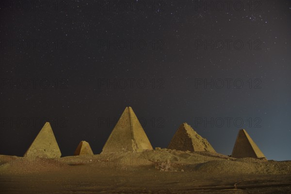 Meroitic pyramids of the northern group in the moonlight, Gebel Barkal, Karima, Northern State,