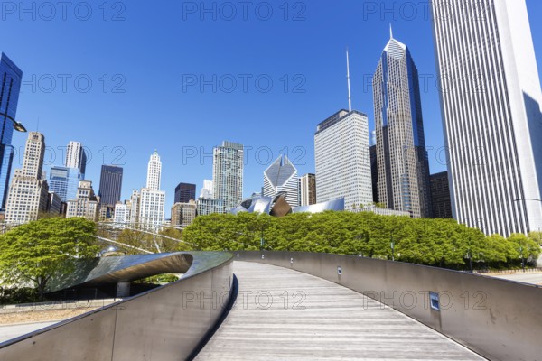 Chicago skyline skyscraper skyscrapers and BP Pedestrian Bridge bridge skyscraper in Chicago, USA,