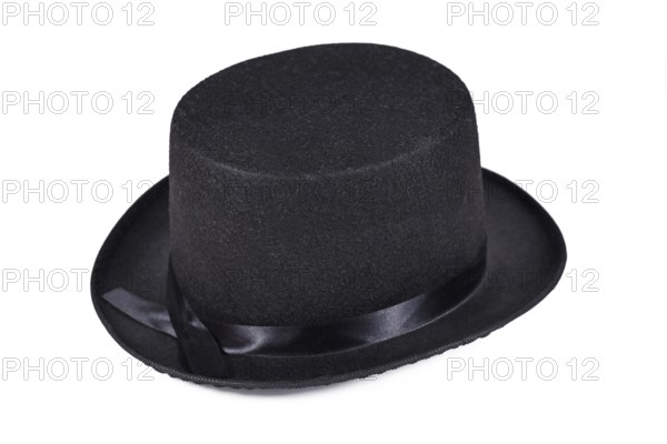 Single black felt top hat on white background