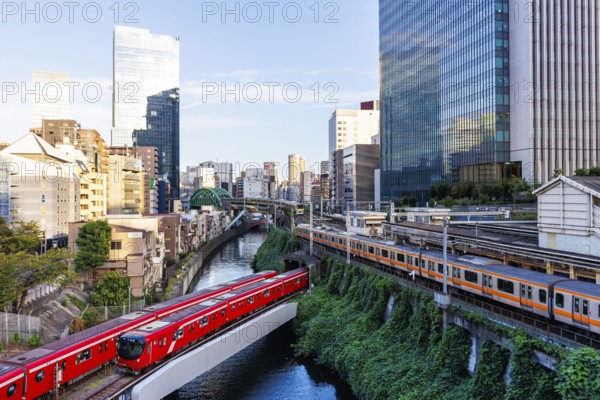 Local transport in Tokyo with trains of the metro and railways of Japan Rail JR in Tokyo, Japan,