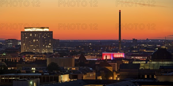 Charité high-rise hospital and the chimney of the Vattenfall combined heat and power plant