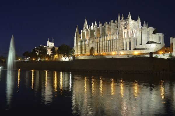 La Seu Cathedral, Palma Cathedral, at dusk, Palma, Majorca, Balearic Islands, Spain, Europe
