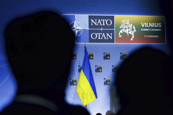 The Ukrainian flag stands on a stage at the NATO summit in Vilnius, Lithuania. Vilnius, 12.07.2023