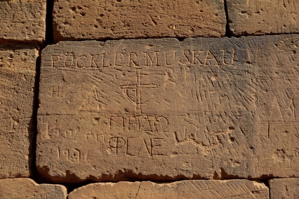 Engraved name of Prince Hermann Ludwig Heinrich von Pückler-Muskau on Hathor temple or Roman kiosk,
