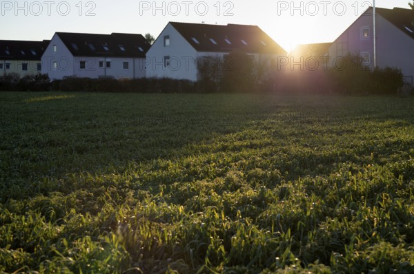 Apartment blocks, terraced houses, Steinhaldenfeld housing estate, vegetable field in front,