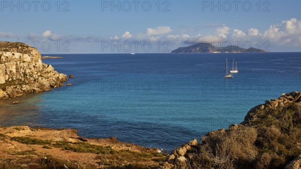 Sailing boats, Levanzo Island, Scogliera di Cala Rossa, Cala Rossa, Favignana, Egadi Islands,
