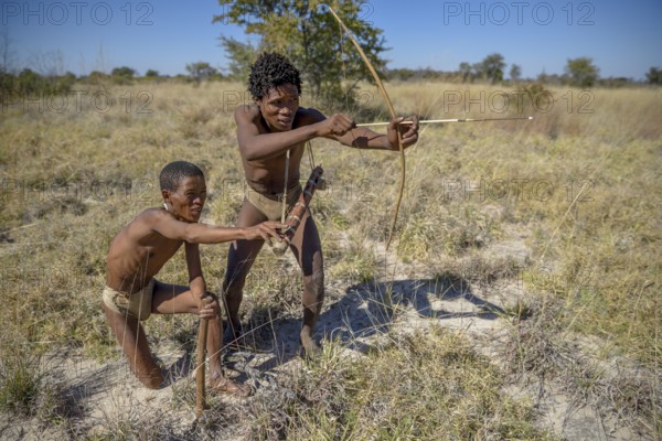 Bushmen of the Ju/' Hoansi-San on traditional hunting with bow and arrow, village //Xa/oba, near