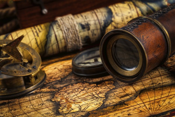 Travel geography navigation concept background, old vintage retro compass with sundial, spyglass on
