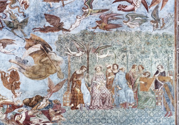 Death with the Scythe turns to a young party, detail from the fresco Il Trionfo della Morte, the