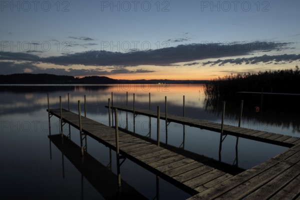 Lake Waginger See, jetties after sunset, Kühnhausen, Berchtesgadener Land, Bavaria, Germany, Europe