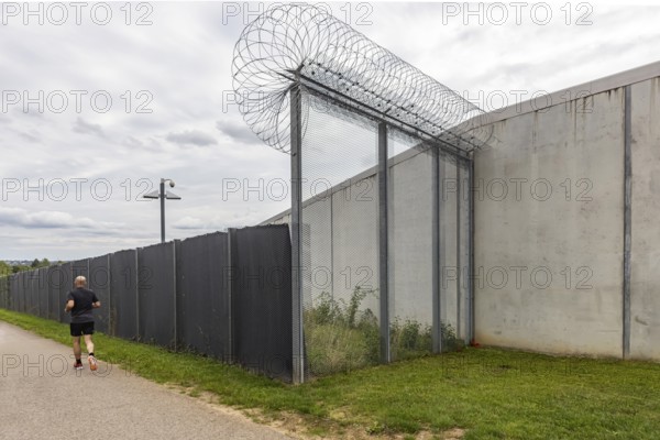 Stammheim Prison, JVA, exterior view of the maximum security prison with prison wall, Stuttgart,