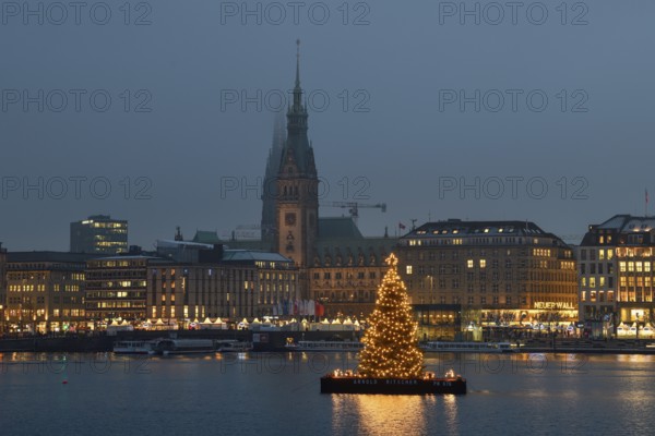 Christmas tree on the Inner Alster Lake, Jungfernstieg in the background, Hamburg, Germany, Europe