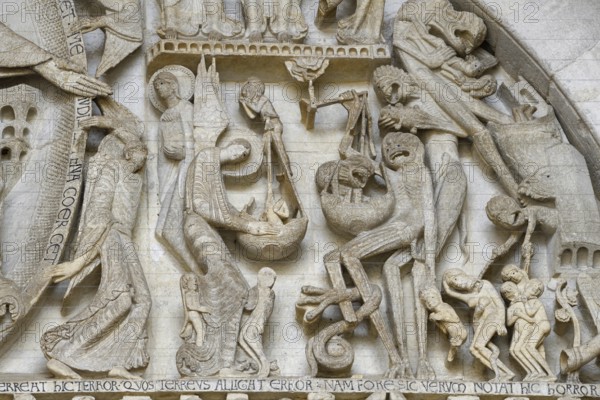 Famous tympanum of Saint-Lazare Cathedral with the Last Judgement, detail, Autun, Département