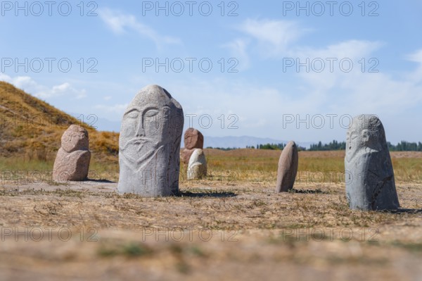 Balbals, historical gravestones in the shape of human faces, near Tokmok, Chuy, Kyrgyzstan, Asia