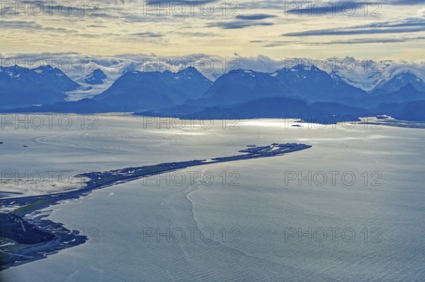 Aerial view of Homer Spit, Homer, Kachemak Bay, mountains of Kachemak Bay State Park, Kenai