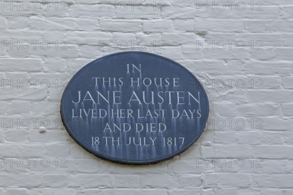Information board, house where Jane Austen died in 1817, Winchester, Hampshire, England, United