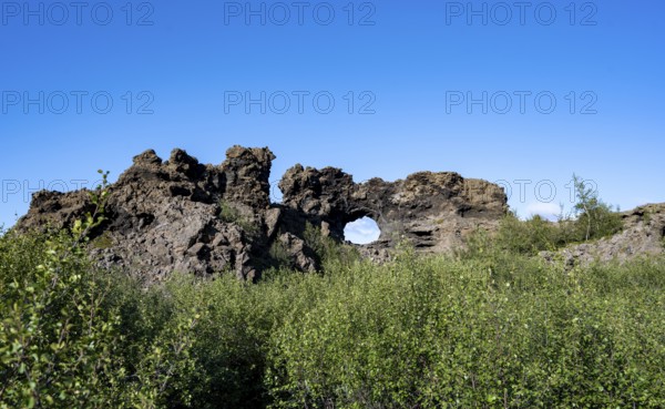 Rock arch, volcanic rock formations, Krafla volcanic landscape, Dimmuborgir lava fields, Mývatn,