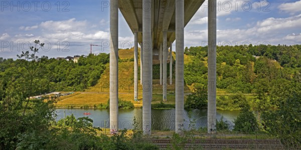 Railway tracks and motorway bridge of the A3 over the river Lahn, Limburg an der Lahn, Hesse,