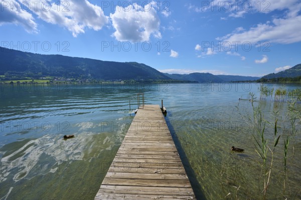 Lakeside, bathing jetty, mallards, sky, clouds, summer, Steindorf am Lake Ossiach, Lake Ossiach,