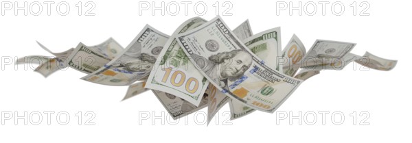Collection of falling one hundred dollar bills isolated on a white background