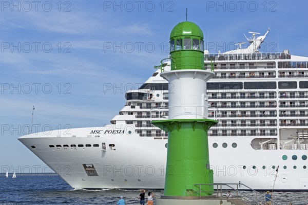 Cruise ship MSC Poesia, pier lights, Baltic Sea, Hanse Sail, Warnemünde, Rostock,