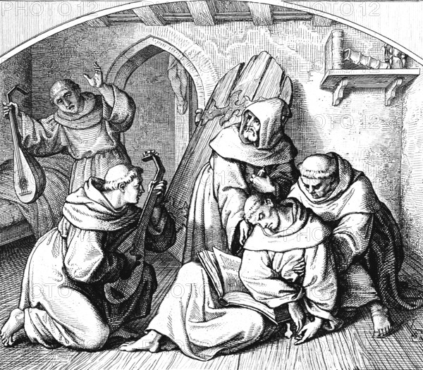 Martin Luther lying unconscious in his cell, bible in his hand, friends bring him back to his