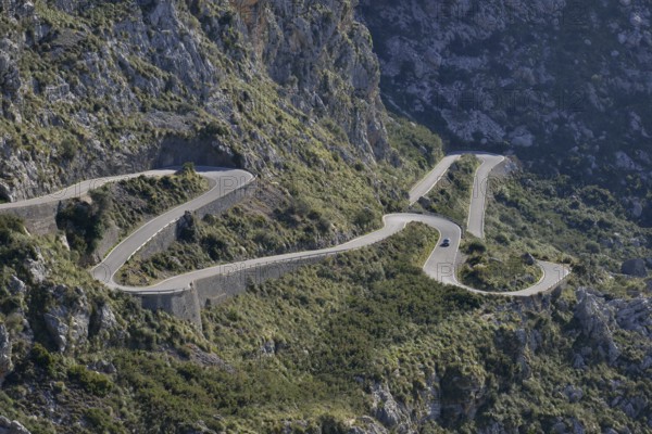 Serpentine road in the bay of Sa Calobra, Majorca, Balearic Islands, Spain, Europe