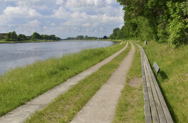 Longest bank in the world near Rendsburg on the Kiel Canal, Germany, Europe