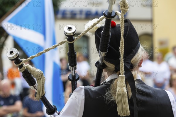 Bagpipers, musicians, music concert, Scottish flag, Sigmaringen, Baden-Württemberg, Germany, Europe