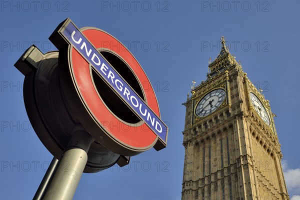 Underground sign, subway, Big Ben, London, England, United Kingdom, Europe