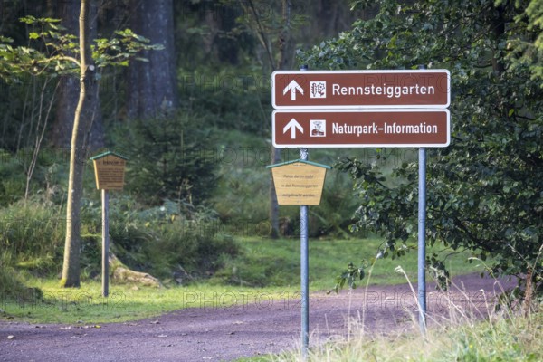 Rennsteig, popular hiking trail in the Thuringian Forest with signposts. Oberhof, Thuringia,