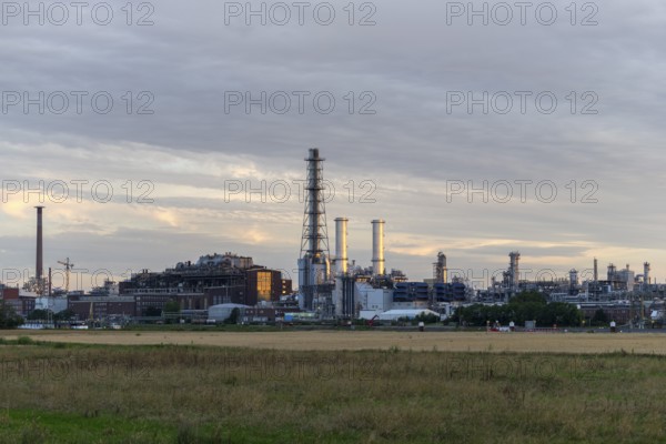 BASF, Lugwigshafen am Rhein, industrial area, dusk, fields, Mannheim, Baden-Württemberg, Germany,