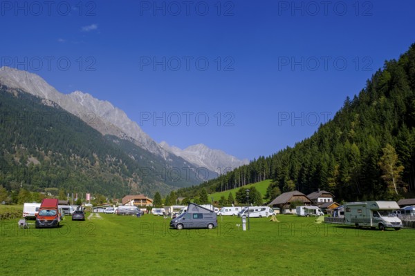 Campsite Antholz, Antholz Valley, behind mountains Rieserferner Ahrn nature park Park, South Tyrol,