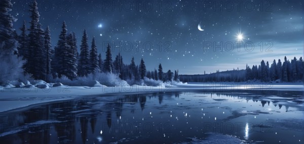 Tranquil winter night scene with a crescent moon and stars shining brightly over a frozen lake,