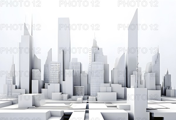 Modern city skyline using clean lines and geometric forms, with rectangular buildings and smooth,
