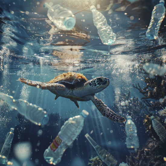 A sea turtle, hawksbill turtle dives among plastic waste, symbolic image for endangered species,