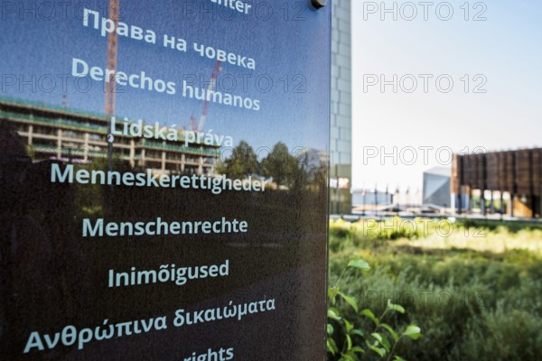 Stele with the inscription Human Rights, European Court of Justice, ECJ, Kirchberg Plateau,