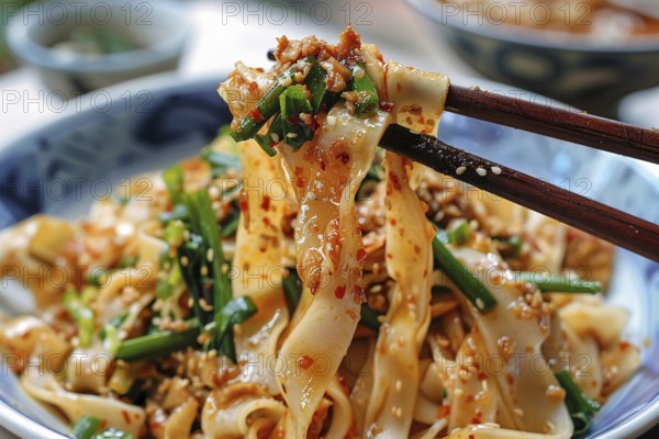 Bowl with Chinese Biangbiang noodles with seasoning. KI generiert, generiert, AI generated