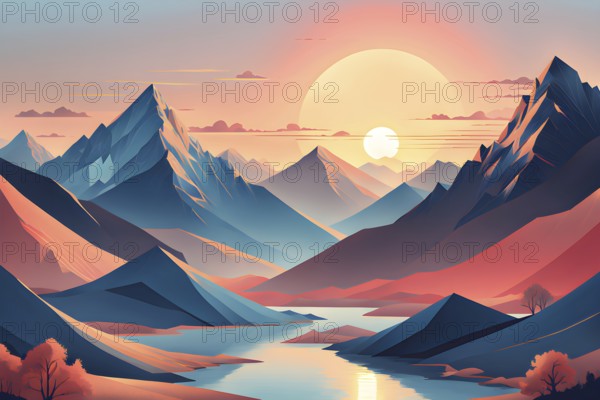 Minimalist landscape with stylized mountains and a setting sun, represented by simple geometric