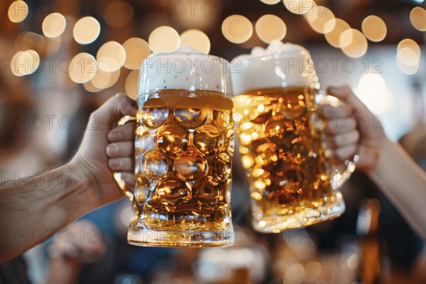 Close up of two large beer mugs clinking. Generative Ai, AI generated